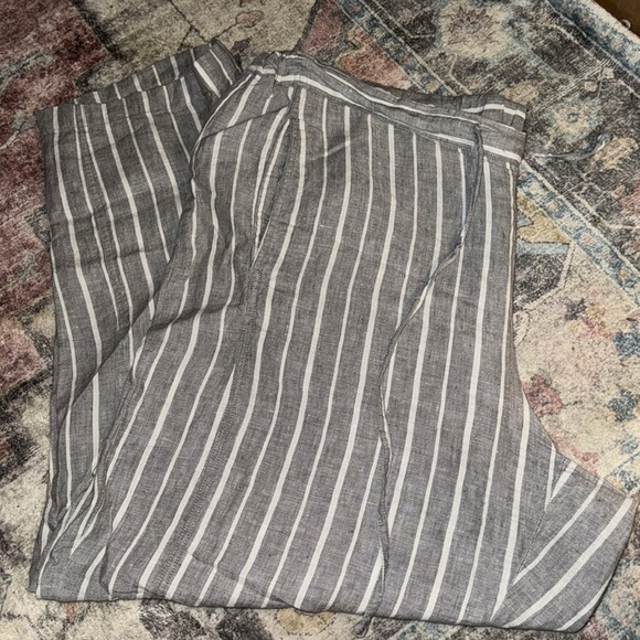 Coldwater Creek Sz XL gray white stripe back elastic front ties 100% linen pants - Picture 1 of 9